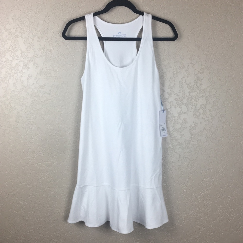 Southern Tide Lyla Knit cotton blend white mini gingham hem sleeveless dress